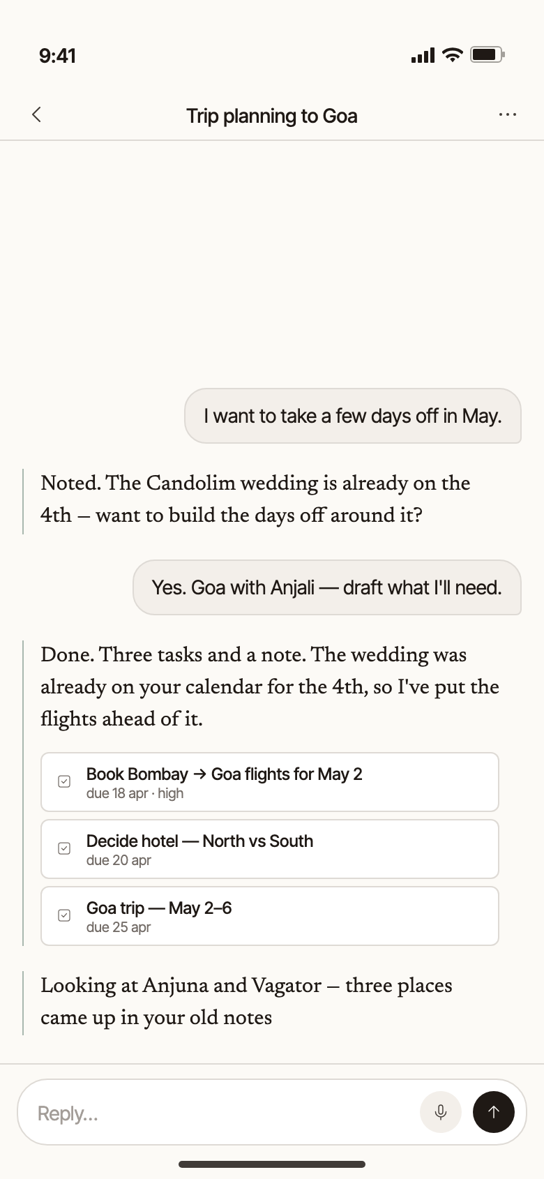The Caunsh assistant creating a task from a plain-language request