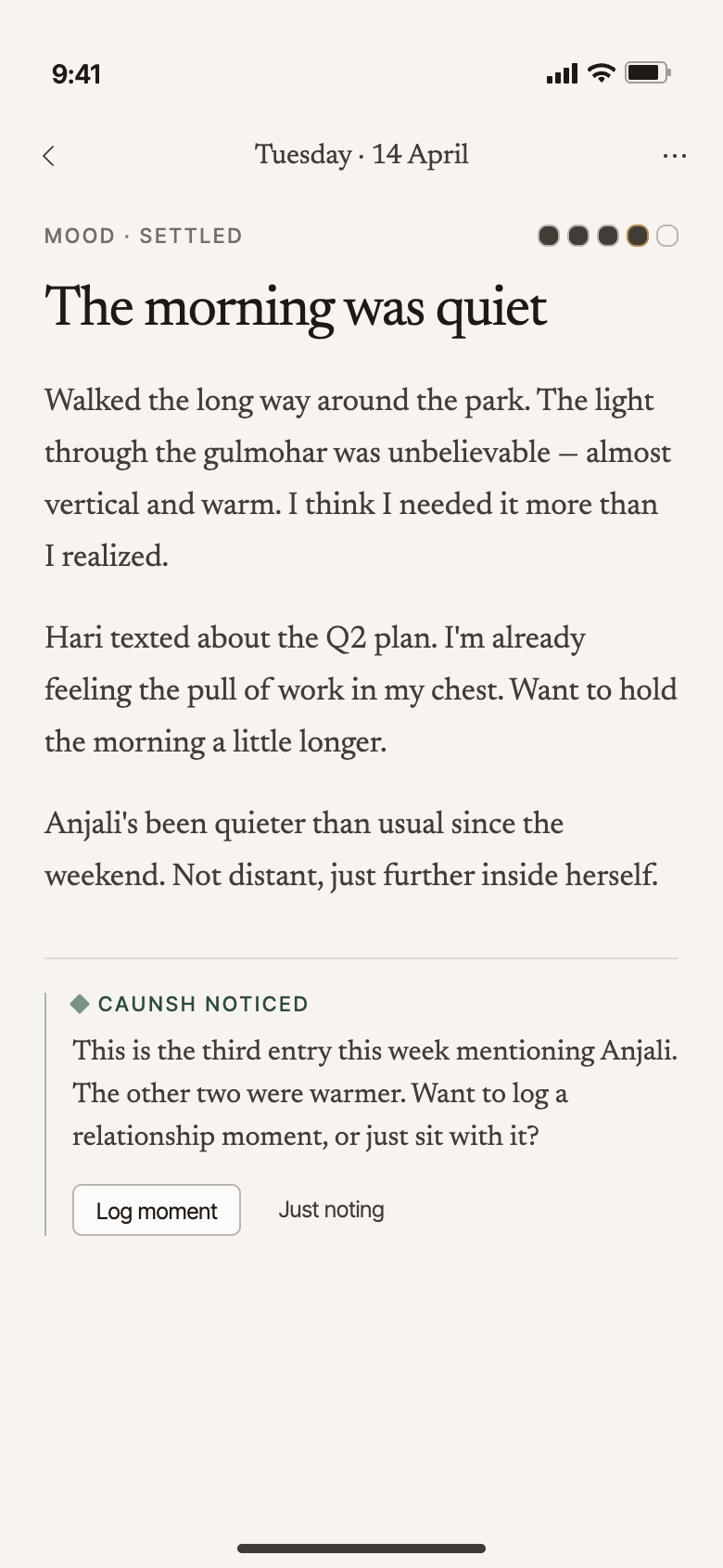 A Caunsh journal entry with a mood scale and a quiet AI observation