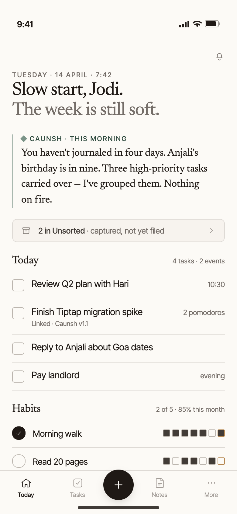 The Caunsh Today screen showing a morning brief, tasks and habits